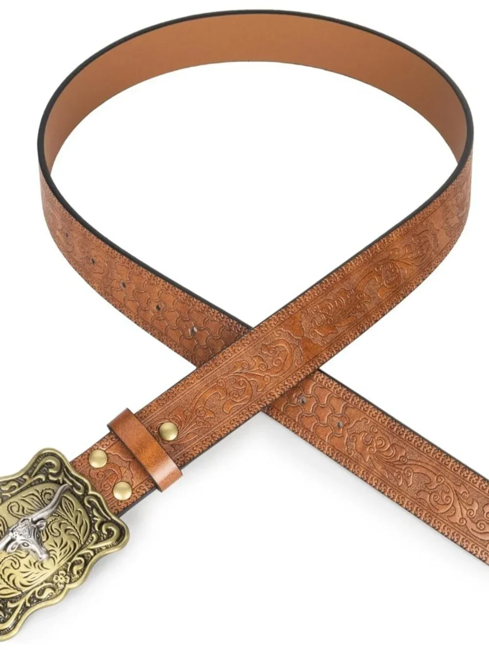 Women's Brown 2 Western Pu Leather Longhorn Bull Turquoise Embossed Buckle Belt